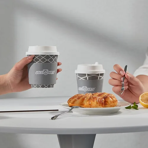 Vista 7 de JOLLY PARTY [100 Sets] Tazas de papel para café de 10 onzas, tazas de café desechables con tapas, fundas y popotes, tazas para bebidas