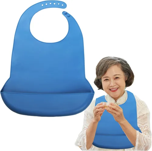 Vista 2 de Baberos de silicona para adultos, baberos ajustables y lavables para hombres y mujeres mayores, impermeables para ancianos con atrapador de migas