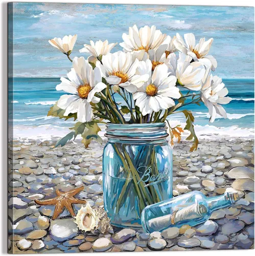 Vista 9 de Decoración de baño, arte de pared de playa, tema oceánico, imagen azul, impresión en lienzo, obra de arte costera moderna, enmarcada para colgar
