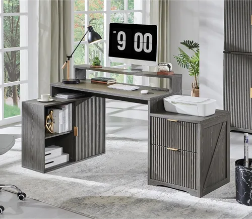 Vista 11 de JXQTLINGMU Escritorio ejecutivo moderno de 58 pulgadas con almacenamiento, escritorio de madera para oficina en casa con 5 cajones y 1 gabinete
