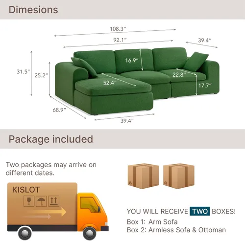 Vista 2 de KISLOT Sofá de nube sin hueso de 108 pulgadas, seccional, no requiere montaje, sofá modular con asiento profundo para sala de estar, sofá