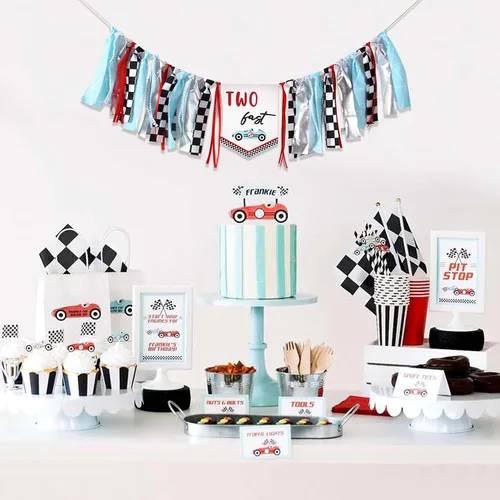 Vista 4 de Cartel de dos cumpleaños rápidos, cartel para silla alta de 2º cumpleaños, decoración de cumpleaños con temática de auto de carreras, decoración