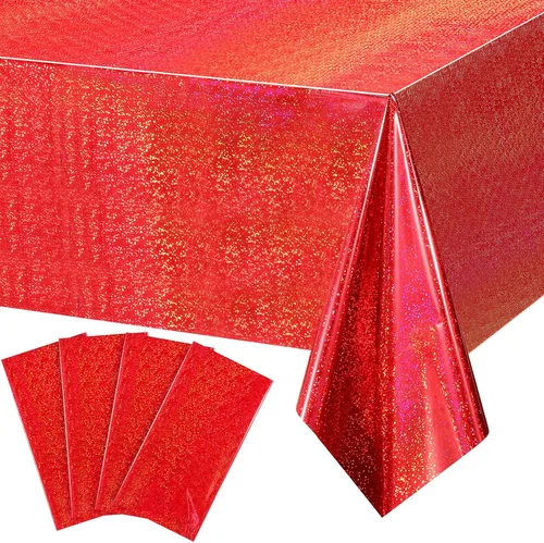 Vista 12 de Paquete de 4 manteles de plástico iridiscente brillantes desechables láser rectangulares, cubiertas de mesa, mantel de papel holográfico