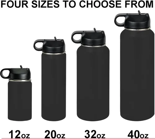 Vista 7 de LaserGram Botella de agua con tapa abatible de doble pared de 12 onzas con pajilla, la tía más grande del mundo, grabado personalizado incluido Negro