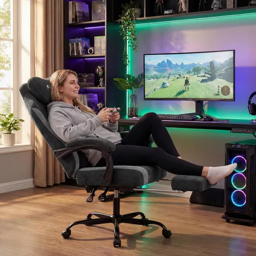 Vista 2 de SUKIDA Silla ergonómica de videojuegos de tela, sillas ergonómicas de respaldo alto para juegos de computadora con gran masaje ajustable, soporte