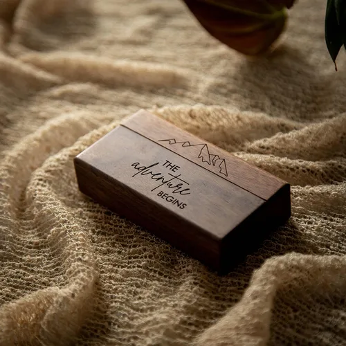 Vista 6 de MUUJEE The Adventure Begins - Caja de doble anillo – Caja de madera delgada grabada para boda, ceremonia de compromiso, propuesta de anillo – Ideas