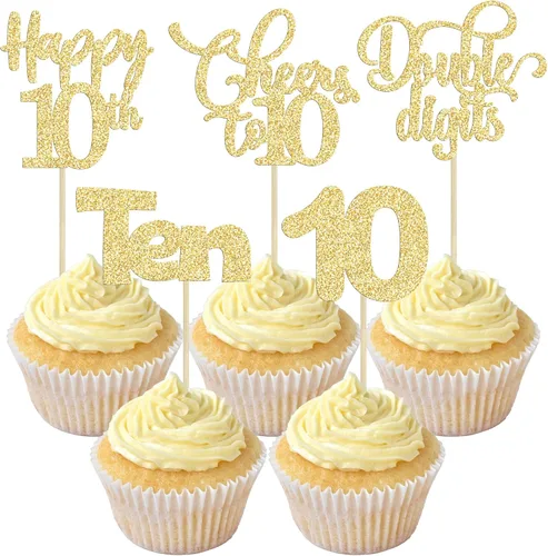 Vista 39 de Paquete de 30 adornos para cupcakes con purpurina de doble dígito para cumpleaños de 10 años, para cumpleaños, aniversario, fiesta, suministros
