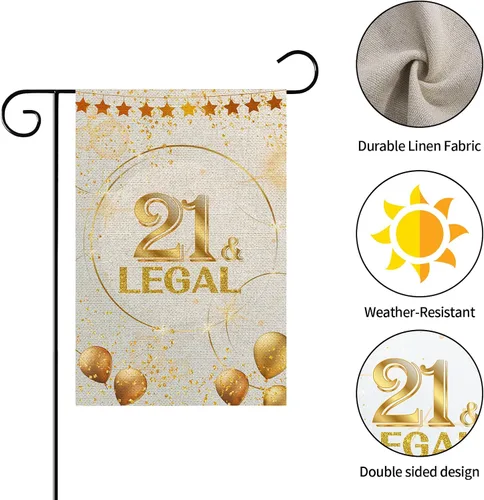 Vista 3 de WeBenison Bandera de jardín con texto en inglés "21 y legal" – Letrero de césped para fiesta de cumpleaños 21, patio, casa, césped, decoración