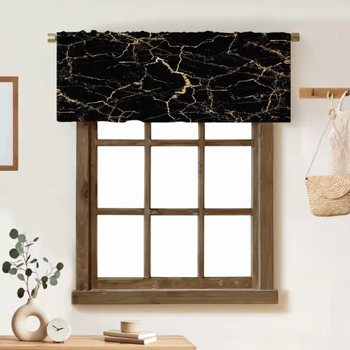 Vista 29 de Cortina de cenefa de mármol verde con venas doradas de mármol negro, diseño abstracto de lujo, elegante cenefa con bolsillo para barra, 1 panel