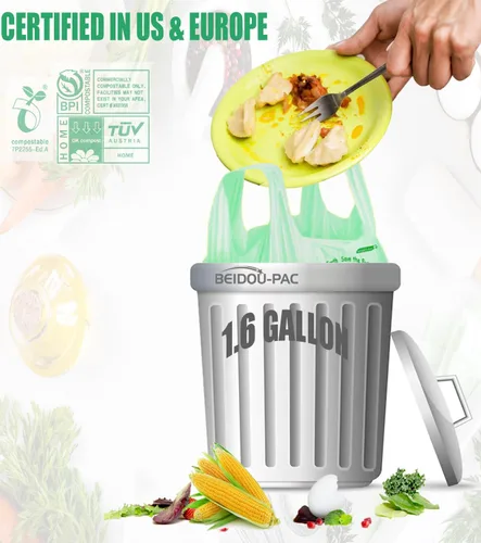 Vista 3 de BEIDOU-PAC Bolsas de basura compostables certificadas de 1.6 galones con asa, 125 bolsas de basura pequeñas de compost para cocina, bolsas de basura