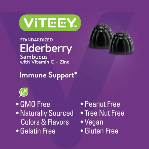 Vista 5 de Viteey Gomitas de saúco Sambucus para adultos Gomitas de inmunidad con vitamina C y zinc de saúco, veganas, sin gluten, 60