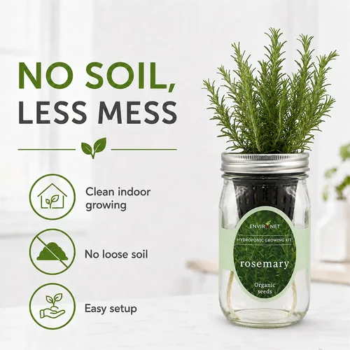 Vista 5 de Kit de cultivo hidropónico de hierbas Environet, kit de inicio de jardín de hierbas en tarro de vidrio Mason para interiores, jardín de hierbas