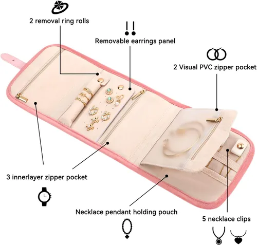 Vista 2 de Voova Estuche organizador de joyas de viaje, bolsa pequeña de almacenamiento de joyas para artículos esenciales de viaje, bolsa plegable portátil