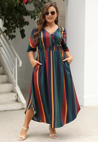 Vista 3 de Nemidor NEM403 - Vestido largo acampanado con cuello en V y estampado bohemio para mujer, talla grande, con bolsillo