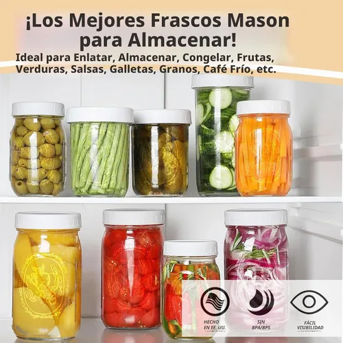 Vista 3 de Tarros Mason de boca ancha de 16 onzas – (paquete de 2) – Tarros de boca ancha de 16 onzas con tapas de plástico blancas M.E.M para almacenamiento