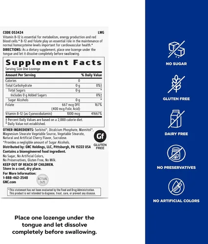 Vista 5 de GNC Vitamina B-12 1000mcg, Cereza, Apoyo Energético, 60 Pastillas Supports Energy Production and Red Blood Cell Formation, Helps Maintain Healthy