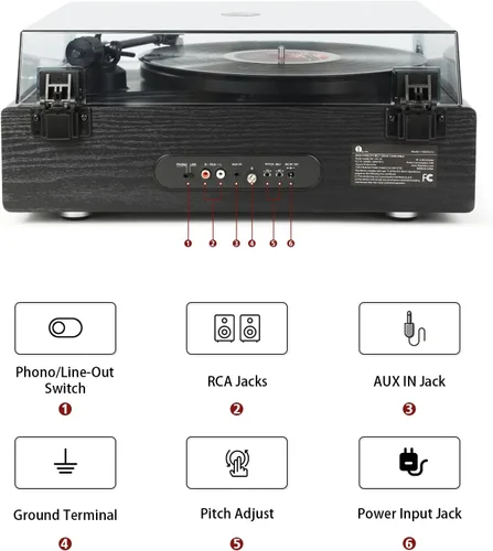 Vista 7 de 1 BY ONE High Fidelity All-in-One Record Player, Vinyl Turntable Negro