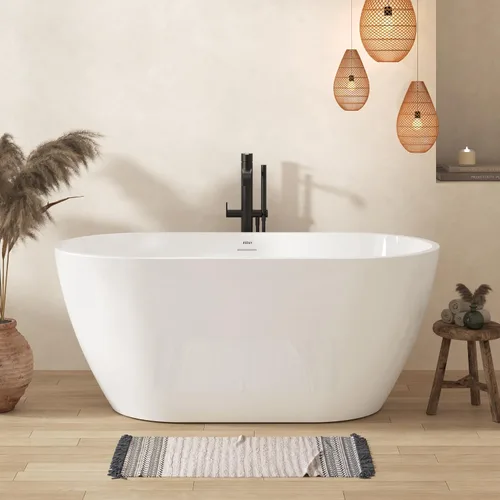Vista 14 de FerdY 47" Bali - Bañera de acrílico independiente, bañera de inmersión independiente con forma elegante, certificada cUPC, drenaje de níquel Drenaje