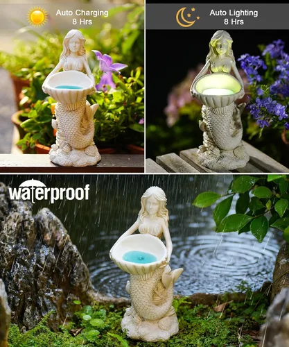 Vista 5 de Nacome Estatuas Solares de Sirenas Sirenas de Pájaros para Jardín: Estatuas al Aire Libre Adornos para Decoraciones Exteriores Arte de Patio Césped