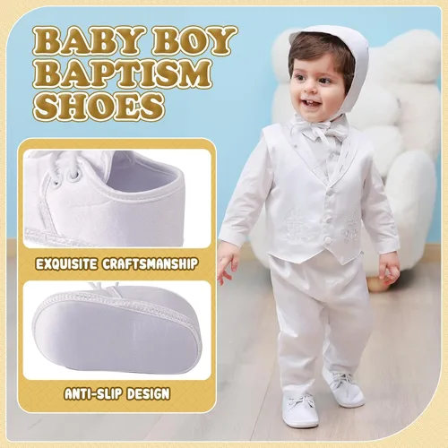 Vista 4 de Booulfi Zapatos de bebé para caminar, color blanco, para recién nacido, botines de Pascua, bautizo, regalos para niños y niñas