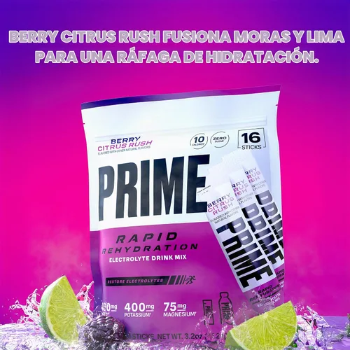 Vista 3 de Barras de Polvo de Electrolitos para Rehidratación Rápida Prime, Sabor a Bayas y Cítricos, Mezcla de Bebida Hidratante Sin Azúcar con Sodio, Potasio