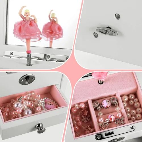 Vista 3 de Jozen Gift Joyero musical pequeño de bailarina con espejo para niñas, caja de música blanca para almacenamiento de joyas para niños, organizador