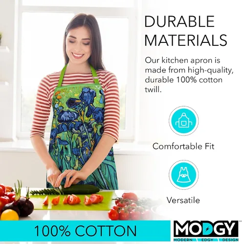 Vista 3 de MODGY Delantal con bolsillos para mujer, algodón, hornear, cocinar, Van Gogh Irises