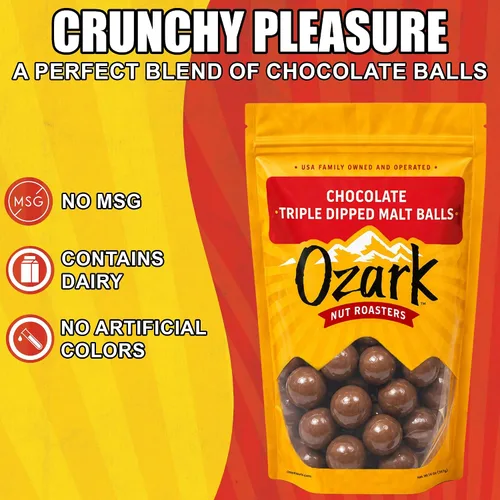 Vista 3 de OZARK NUT ROASTERS Bolas de malta de chocolate, aperitivo gourmet de caramelo malteado, rico sabor a chocolate, bolsa resellable de 14 onzas
