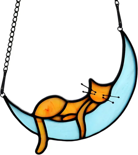 Vista 9 de BOXCASA Atrapasoles de Vidrio Emplomado Hecho a Mano de Gato Gris en Luna - Colgante Decorativo para Ventana para Amantes de los Gatos, Día