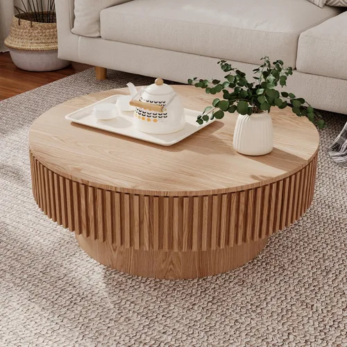 Vista 27 de Mesa de centro redonda de madera de 31.49 pulgadas con almacenamiento, mesa de centro circular acanalada de 2 niveles con tapa y estante para sala