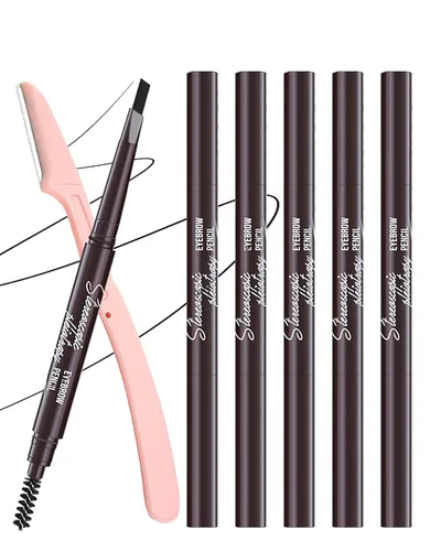 Vista 11 de 12 piezas de lápices de cejas negros impermeables para mujeres, lápiz de cejas retráctil de doble punta con cepillo, diseño de punta triangular, más