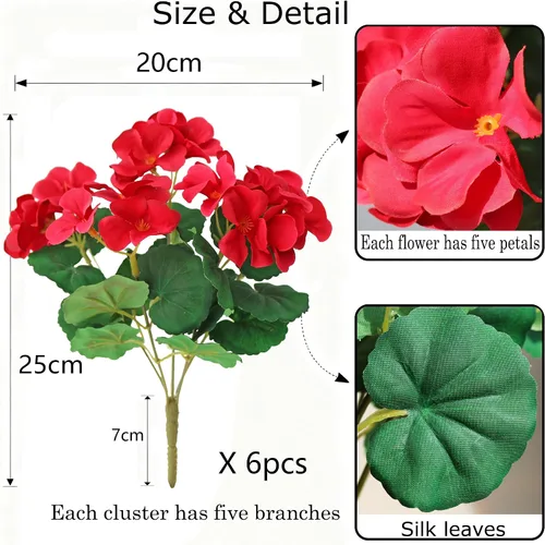 Vista 2 de Htmeing Arbusto de geranio artificial, 6 unidades, plantas artificiales decorativas de seda para exteriores o interiores (rojo)