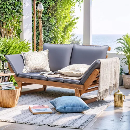 Vista 5 de Greesum - Sofá cama convertible para patio con reposabrazos ajustables, cama de día de madera de acacia para exteriores con cojín y almohada, banco