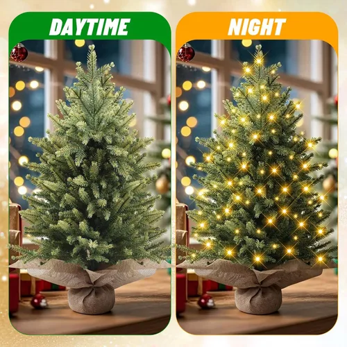 Vista 6 de Mini árbol de Navidad de mesa preiluminado de 2 pies con 60 LED Abeto nórdico artificial, 75 puntas de ramas de polietileno, funciona con pilas Luz