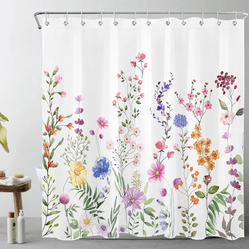 Vista 21 de Cortina de ducha con diseño bohemio de plantas y flores de acuarela sobre fondo beige, cortina de ducha de baño con hojas naturales, cortina