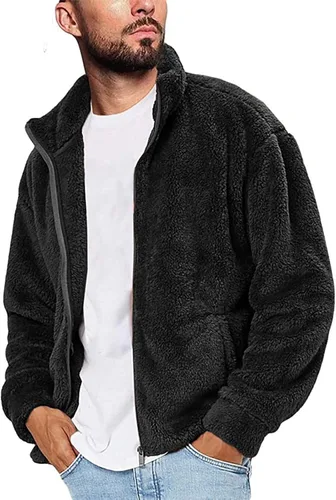 Vista 2 de LCMTWX Chaqueta térmica gruesa de invierno para hombre, de un solo pecho, solapa de color sólido, abrigo de manga larga, cárdigan de felpa