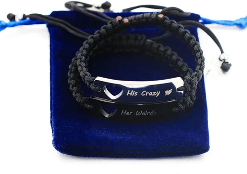 Vista 6 de 1 par de pulseras trenzadas Hademade para parejas, pulseras para hombres y mujeres grabadas con "I Love You 3000, God Gave Me You, His Crazy Her