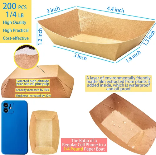 Vista 2 de Paquete de 200 bandejas pequeñas de papel para alimentos, botes desechables de papel kraft de 0.25 libras, color marrón, bandejas para servir