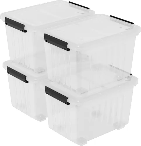 Vista 9 de Caja de almacenamiento transparente de 22 L con asas, contenedor de plástico con tapa de cierre, paquete de 4