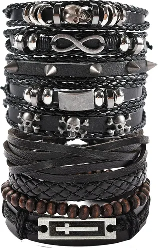 Vista 8 de Pulsera de cuero punk para hombre, 8-10 piezas, trenzada, cuentas de madera, calavera, metal, pulsera de cuero