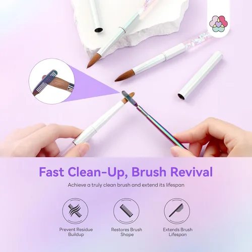 Vista 5 de SAVILAND Pack of 3 Acrylic Brushes for Nails: Nail Art Brush for Beginners with Cleaning Comb Aurora Shimmer Nail Brush for Acrylic Powder Acrylic