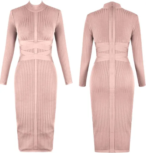 Vista 4 de UONBOX Vestido de manga larga para mujer, con tirantes cruzados, acanalado, para fiesta, club, midi, bodycon