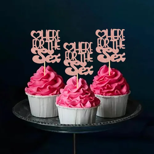 Vista 5 de Ercadio Paquete de 24 adornos para cupcakes sexuales, color oro rosa, con purpurina para cupcakes sexuales, para revelación de género, para baby