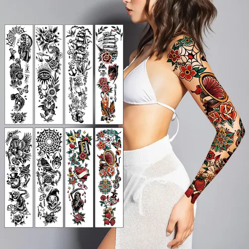 Vista 2 de Tatuajes temporales para adultos, manga completa, tatuajes falsos tradicionales de la vieja escuela, tatuajes de rosas de flores para mujeres
