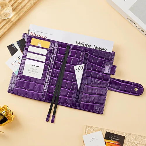 Vista 6 de Funda de planificador A6 para Hobonichi Original, Stalogy y Midori MD Planners, con cremallera y bolsillo trasero grande, piel de cocodrilo (morado)