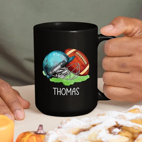 Vista 3 de Taza de café de fútbol americano con nombre personalizado, regalo de fútbol personalizado, porcelana negra 11oz y 15oz