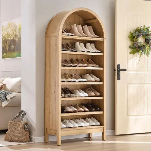 Vista 10 de IFGET Armario de almacenamiento de zapatos arqueado de 67 pulgadas de alto, 8 niveles y 8 pares de zapateros de madera con 3 estantes ajustables