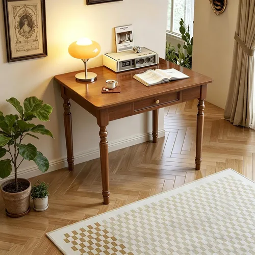 Vista 6 de Escritorio de madera maciza con cajones, pequeño escritorio con cajones para computadora, escritorio de PC para trabajo, estudio o juegos, fácil