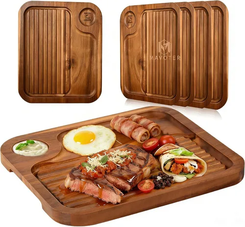 Vista 10 de Platos de bistec de madera de acacia, tabla de cortar carnívora para comer, plato de carne tallado de madera, bandeja para servir alimentos, tabla