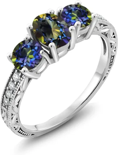 Vista 21 de Gem Stone King Anillo de compromiso de 3 piedras preciosas de oro blanco de 10 quilates con piedra natal y diamantes cultivados en laboratorio